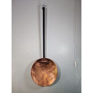 Vintage Large Copper Skimmer Strainer  - Wrought‎ Iron Handle